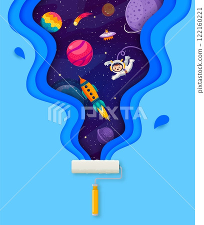 Paper cut space landscape featuring paint roller painting cosmic scene with planets, stars, rocket, astronaut and ufo exudes imagination. Cartoon vector galaxy and starry universe inside of wavy frame 122160221