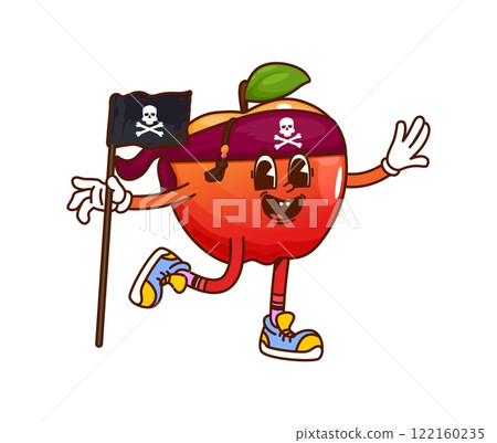Cartoon groovy red apple pirate and corsair fruit character waving a flag with skull and crossbones emblem. Isolated vector playful ripe healthy fruit y2k personage wearing river bandana and sneakers 122160235