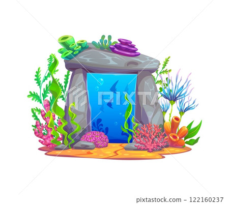 Underwater fantasy game magic portal door in sea water, vector cartoon element. Undersea portal door in stone gate arch or coral reef rock cave with fishes and seaweeds for portal gate or game asset 122160237
