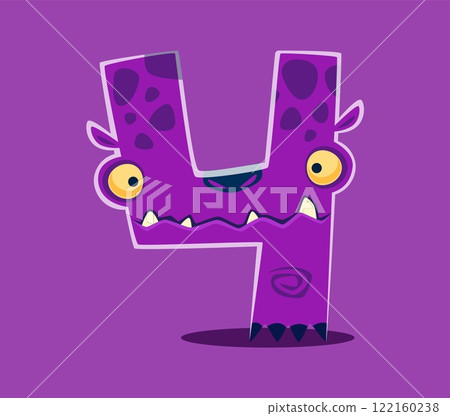 Halloween font digit 4 four bizarre monster character. Spooky alien monster personage typeset numeral symbol. Crazy beast vector typeface figure or silly fantasy creature character font digit 122160238