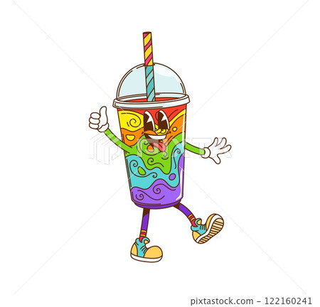 Retro cartoon groovy hippie slushy fast food drink with funny face, vector character. Groovy slushy cup with psychedelic rainbow drink and funky tongue out smile for freaky hippie fast food character 122160241