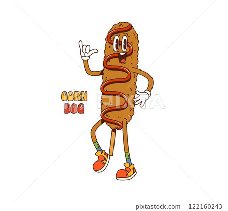 Cartoon groovy corndog Korean cuisine food character. Vector funny hotdog or corn dog, street junk food retro personage flashing shaka gesture. Take away meal with sausage on stick and funky vibe Cartoon groovy corndog Korean cuisine food character. Vector funny hotdog or corn dog, street junk food retro personage flashing shaka gesture. Take away meal with sausage on stick and funky vibe 122160243