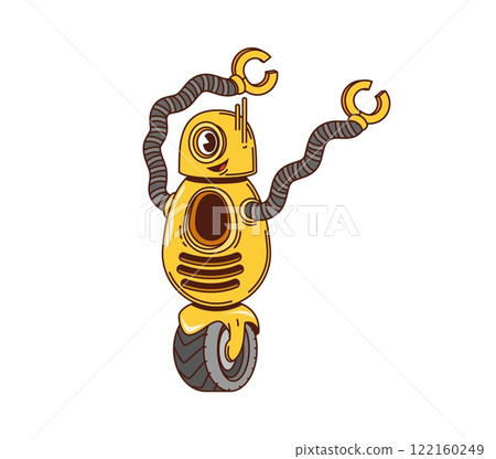 Cartoon groovy robot character features rounded body flexible mechanical arms, antenna, single eye and wheel. Vector droid with friendly face happy smile, exude nostalgic sci fi retro vibe of 1980s 122160249