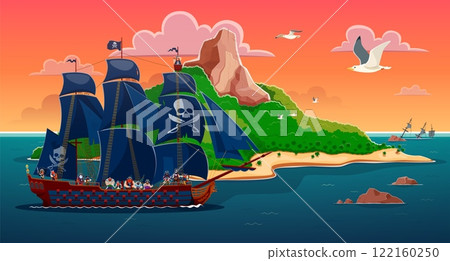 Cartoon pirates sail ship near the island. Vector scene with galleon vessel with corsairs on deck, sailing by a lush green island during sunset under the vibrant skies create an adventurous atmosphere 122160250