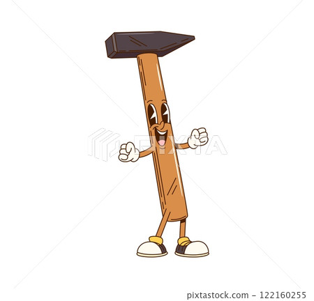 Cartoon groovy hammer character, DIY construction or repair tool, vector carpentry mallet. Funky groovy hammer laughing with funny face for carpentry and DIY construction tool cartoon character Cartoon groovy hammer character, DIY construction or repair tool, vector carpentry mallet. Funky groovy hammer laughing with funny face for carpentry and DIY construction tool cartoon character 122160255