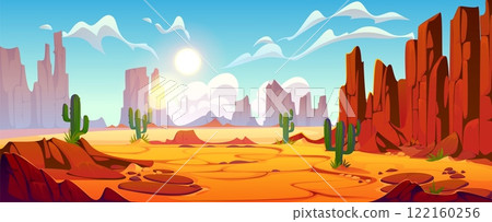 Cartoon desert mountains landscape. Vector vast land game background featuring towering red rock formations and scattered cacti beneath a vivid blue sky, capturing the essence of arid wilderness Cartoon desert mountains landscape. Vector vast land game background featuring towering red rock formations and scattered cacti beneath a vivid blue sky, capturing the essence of arid wilderness 122160256
