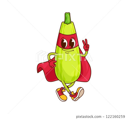 Groovy squash superhero vegetable character. Isolated cartoon vector funny veggie in red defender cloak and mask flashing peace sign. Fairytale or comics book healthy vitamin food retro personage Groovy squash superhero vegetable character. Isolated cartoon vector funny veggie in red defender cloak and mask flashing peace sign. Fairytale or comics book healthy vitamin food retro personage 122160259