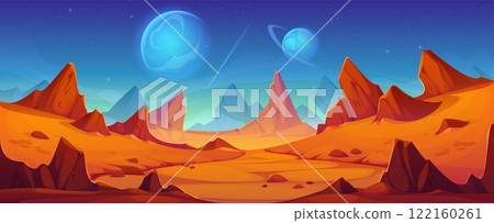 Mars planet landscape with red rocky desert terrain and mountains under starry sky with blue glowing distant planets. Cartoon vector futuristic game background capture the essence of space exploration Mars planet landscape with red rocky desert terrain and mountains under starry sky with blue glowing distant planets. Cartoon vector futuristic game background capture the essence of space exploration 122160261