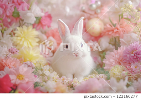 Pink flowers and cute rabbit AI image 122160277