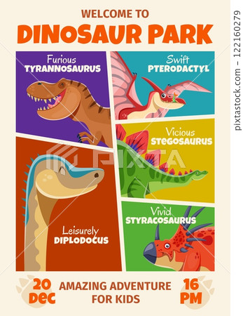 Adventure amusement dinosaurs park retro poster with tyrannosaurus, stegosaurus, pterodactyl, diplodocus and styracosaurus dino animals. Vector flyer promoting exciting and amazing adventures for kids 122160279