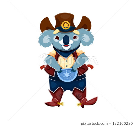 Cartoon koala wild west animal character dressed as a sheriff, featuring a cowboy hat with a badge, vest, boots with spurs and holding sheriff star badge. cute whimsical adorable animal western ranger 122160280