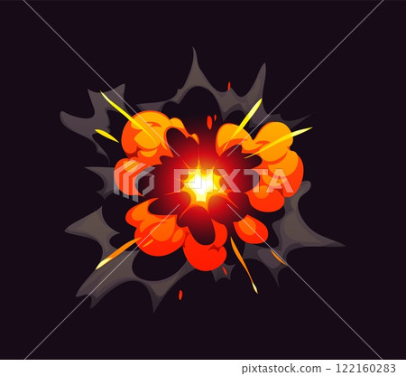 Bomb blast explosion effect of cartoon boom clouds and comic fire with smoke, vector TNT dynamite. Bomb explode with energy burst of fire and smoke cloud of explosive blast for cartoon comic effect 122160283