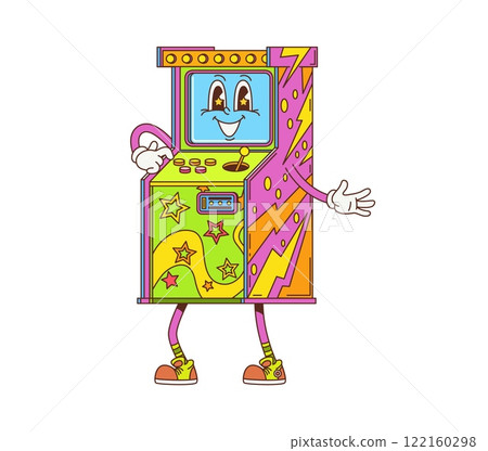Retro hippie groovy slot machine character with funny face, cartoon vector symbol. Comic groovy poker or casino gamble slot machine with freaky smile and psychedelic eyes for cartoon hippie character 122160298