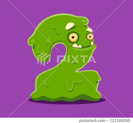 Halloween font digit 2 two spooky monster character. Crazy fantasy creature math typeface figure or number, arabic numeral symbol slime monster vector personage or silly Halloween creature digit 122160299