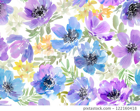 Seamless pattern with watercolor blue and purple anemones and flowers. Spring floral textile design. 122160418