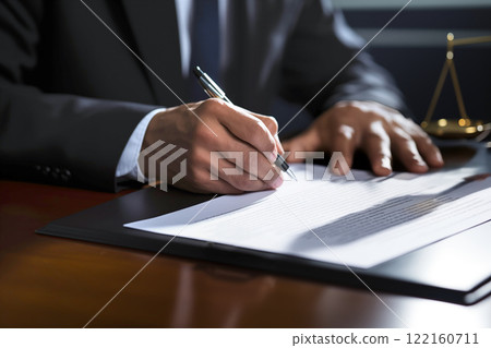 A suited professional writes on a legal document in a law office, with scales of justice in the background. A suited professional writes on a legal document in a law office, with scales of justice in the background. 122160711