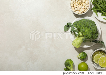 Set of vegan protein products on bowl and plate on light background, space for text Set of vegan protein products on bowl and plate on light background, space for text 122160893
