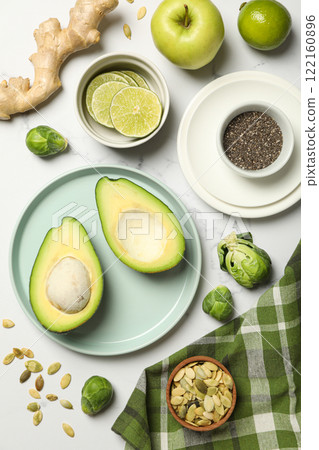 Protein vegetables and seeds on marble background, top view Protein vegetables and seeds on marble background, top view 122160896