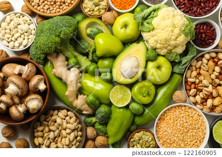 Set of vegan protein products on white background, top view Set of vegan protein products on white background, top view 122160905