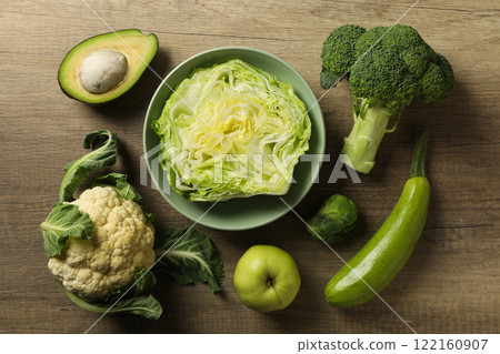 Set of protein vegetables on wooden background, top view Set of protein vegetables on wooden background, top view 122160907
