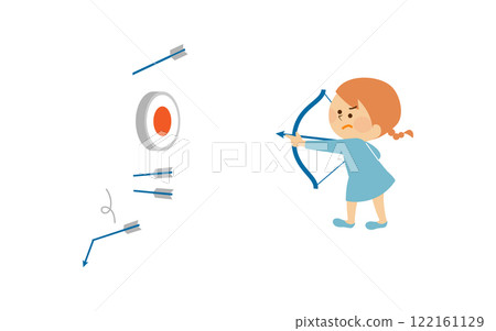 Illustration of a child aiming at a target with a bow and arrow Illustration of a child aiming at a target with a bow and arrow 122161129