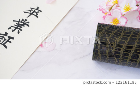 Diploma, tube and cherry blossom petal background Diploma, tube and cherry blossom petal background 122161183