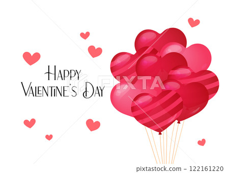 Valentines Day vector card horizontal. February 14 cute hearts romantic vector illustration. Valentine greeting card design vertical. Tied festive helium red heart shaped balloons bunch 122161220