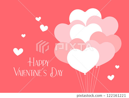 Happy Valentines Day card. Simple February 14 cute hearts romantic vector illustration. Valentine greeting card design horizontal. Tied festive helium heart shaped balloons bunch 122161221