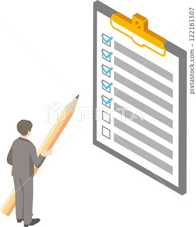 Isometric checklist questionnaire business person male work simple illustration 122161507
