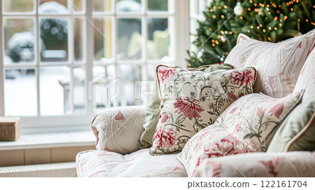 Colorful pillows on sofa against glass wall of window in a winter garden or conservatory. Interior textile concept. High quality photo Colorful pillows on sofa against glass wall of window in a winter garden or conservatory. Interior textile concept. High quality photo 122161704