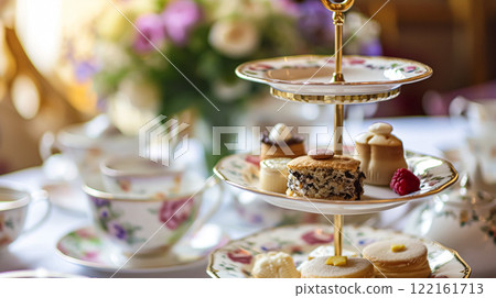 Elegant table setting for tea party with cakes and cupcakes in English manor. Selective focus. Vintage style 122161713