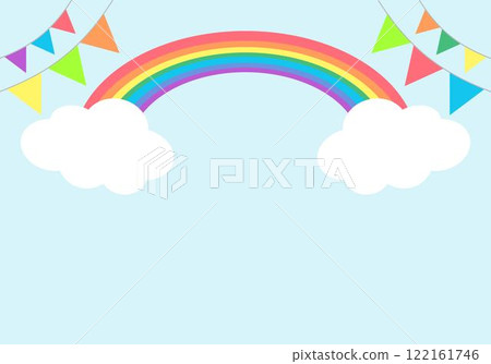 壁紙背景與藍天、雲彩、彩虹和三角旗花環 122161746