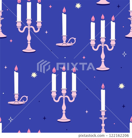 Seamless pattern with candles in chandeliers on a blue background. Vector graphics. Seamless pattern with candles in chandeliers on a blue background. Vector graphics. 122162206