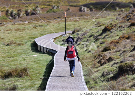 澳洲塔斯馬尼亞州搖籃山木板路男孩探索的後視圖 122162262