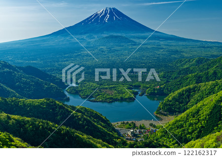 Lake Shoji and Mt. Fuji seen from the lush green Mikatabun mountain ridge 122162317
