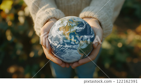 Human hands gently hold the Earth. The concept of saving the planet, Earth Day, global warming awareness, and World Environment Day. Generative AI. 122162391