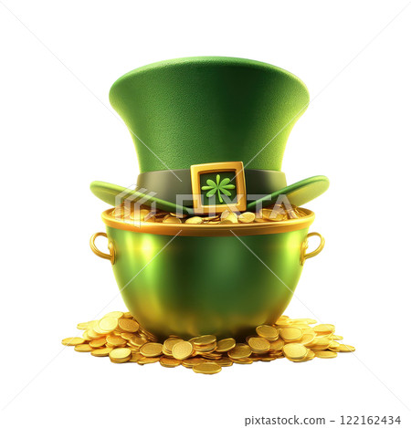 Glowing Green Top Hat Resting on a Pot of Gold with Lucky Charm Symbols 122162434
