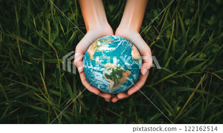 Human hands gently hold the Earth. The concept of saving the planet, Earth Day, global warming awareness, and World Environment Day. Generative AI. 122162514