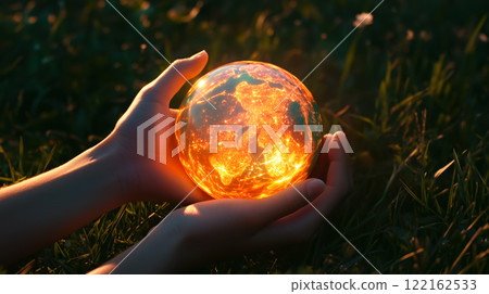 Human hands gently hold the Earth. The concept of saving the planet, Earth Day, global warming awareness, and World Environment Day. Generative AI. 122162533