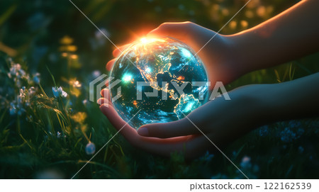 Human hands gently hold the Earth. The concept of saving the planet, Earth Day, global warming awareness, and World Environment Day. Generative AI. 122162539