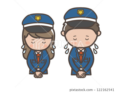Illustration of an upper body of a male and female security guard apologizing while sweating heavily Illustration of an upper body of a male and female security guard apologizing while sweating heavily 122162541