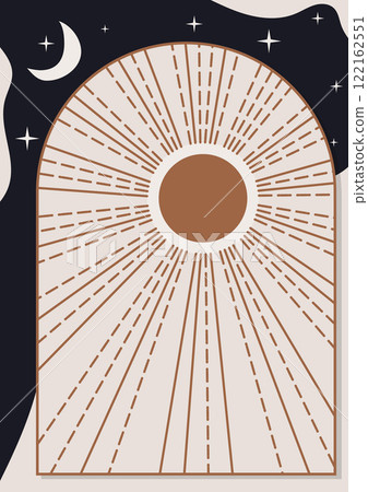 Vintage sun rays, sunset rays, sunrise, night, moon, stars. Boho style, vector Vintage sun rays, sunset rays, sunrise, night, moon, stars. Boho style, vector 122162551