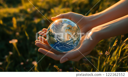 Human hands gently hold the Earth. The concept of saving the planet, Earth Day, global warming awareness, and World Environment Day. Generative AI. 122162552