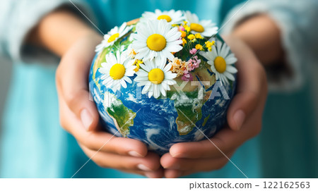 Human hands gently hold the Earth. The concept of saving the planet, Earth Day, global warming awareness, and World Environment Day. Generative AI. 122162563