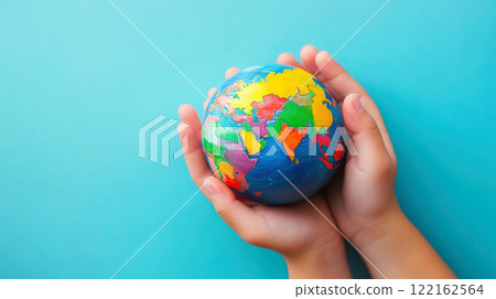 Human hands gently hold the Earth. The concept of saving the planet, Earth Day, global warming awareness, and World Environment Day. Generative AI. 122162564