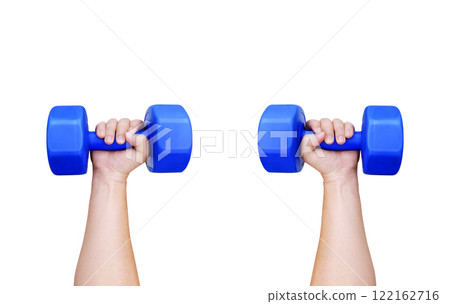 Man's hand holding a blue dumbbell. 122162716