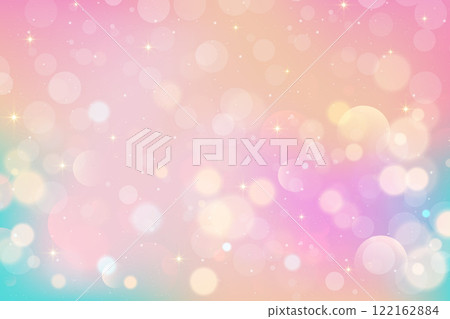 Pink cute background with bokeh and sparkles. Magic dreamy unicorn sky with glitter and stars. Fairy fantasy pastel vector gradation with iridescent effect. Lovely fairy romantic shiny illustration 122162884