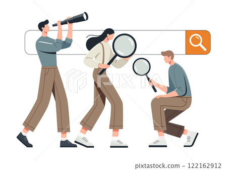 A minimalist flat vector illustration depicting three people actively searching for information.  122162912