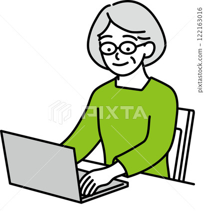 Elderly woman in front of a computer, yellow-green Elderly woman in front of a computer, yellow-green 122163016