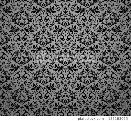Wallpaper in the style of Baroque. Seamless vector background. Gray and black floral ornament. Graphic pattern for fabric, wallpaper, packaging. Ornate Damask flower ornament 122163053